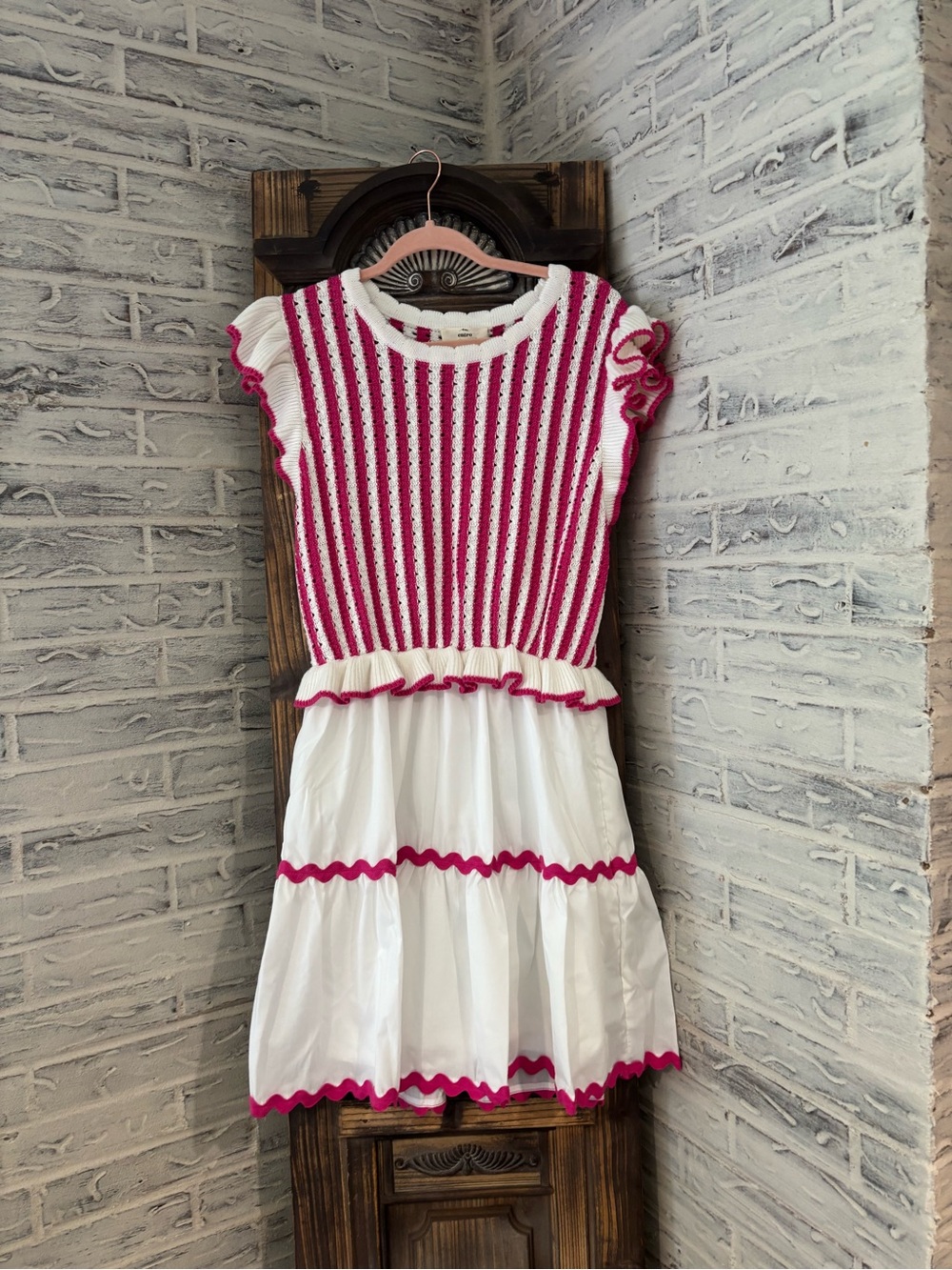 entro White and Fuchsia Striped Knit Bodice Tiered Dress